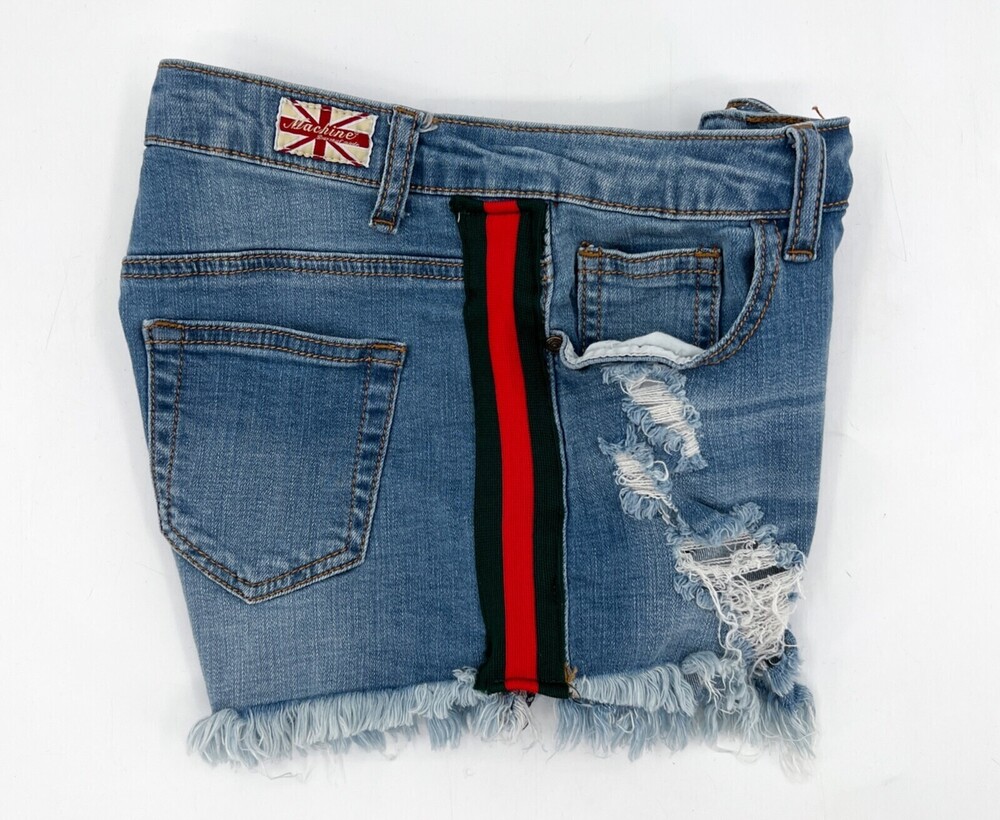 Machine Shorts Womens 28 Blue Denim Distressed Cutoff Side Stripe